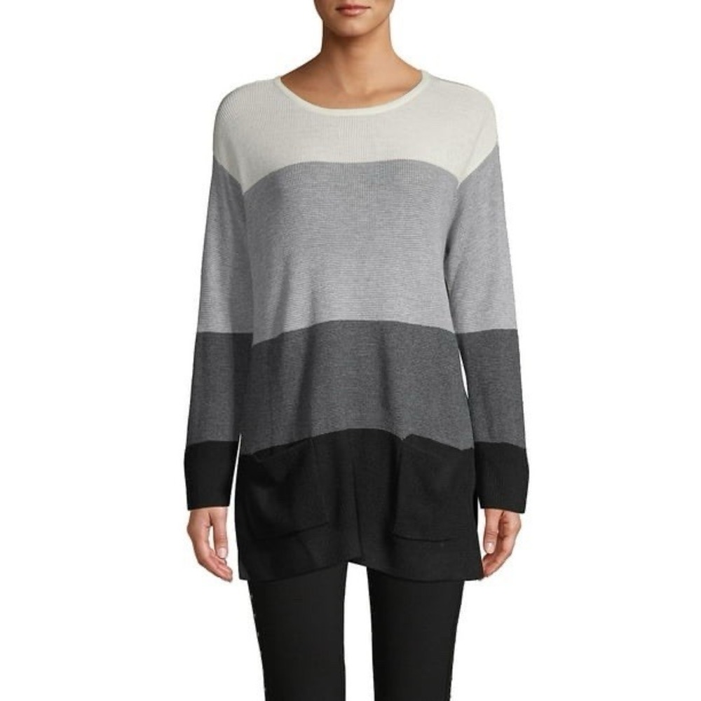 Vince Camuto Small Color Block Sweater Waffle Knit Women Black Gray Cream Pocket